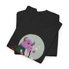 Nærbillede af motivet Scary Harry Monster på en foldet sort T-shirt
