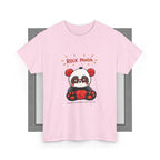 Forsiden af Rock Panda unisex T-shirt med tryk til voksne i farven lyserød