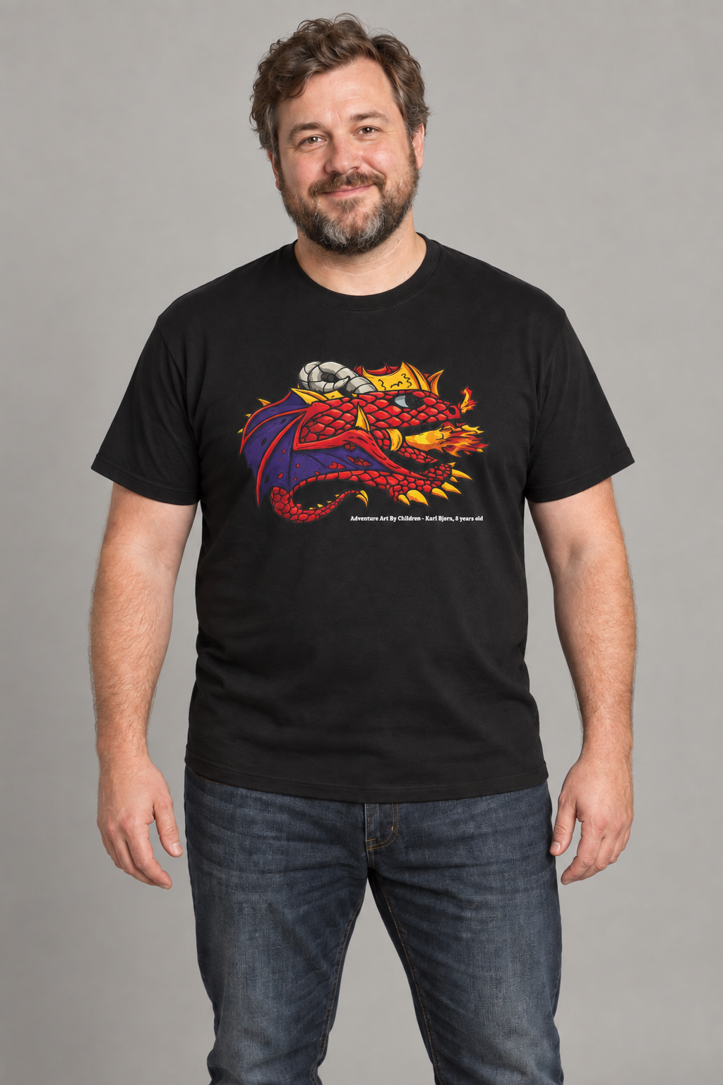 Red Fire Dragon adult-size unisex graphic t-shirt on ben, AI-generated styling photograph