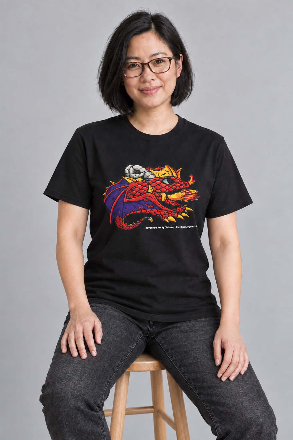 Red Fire Dragon adult-size unisex graphic t-shirt, AI-generated model styling photograph