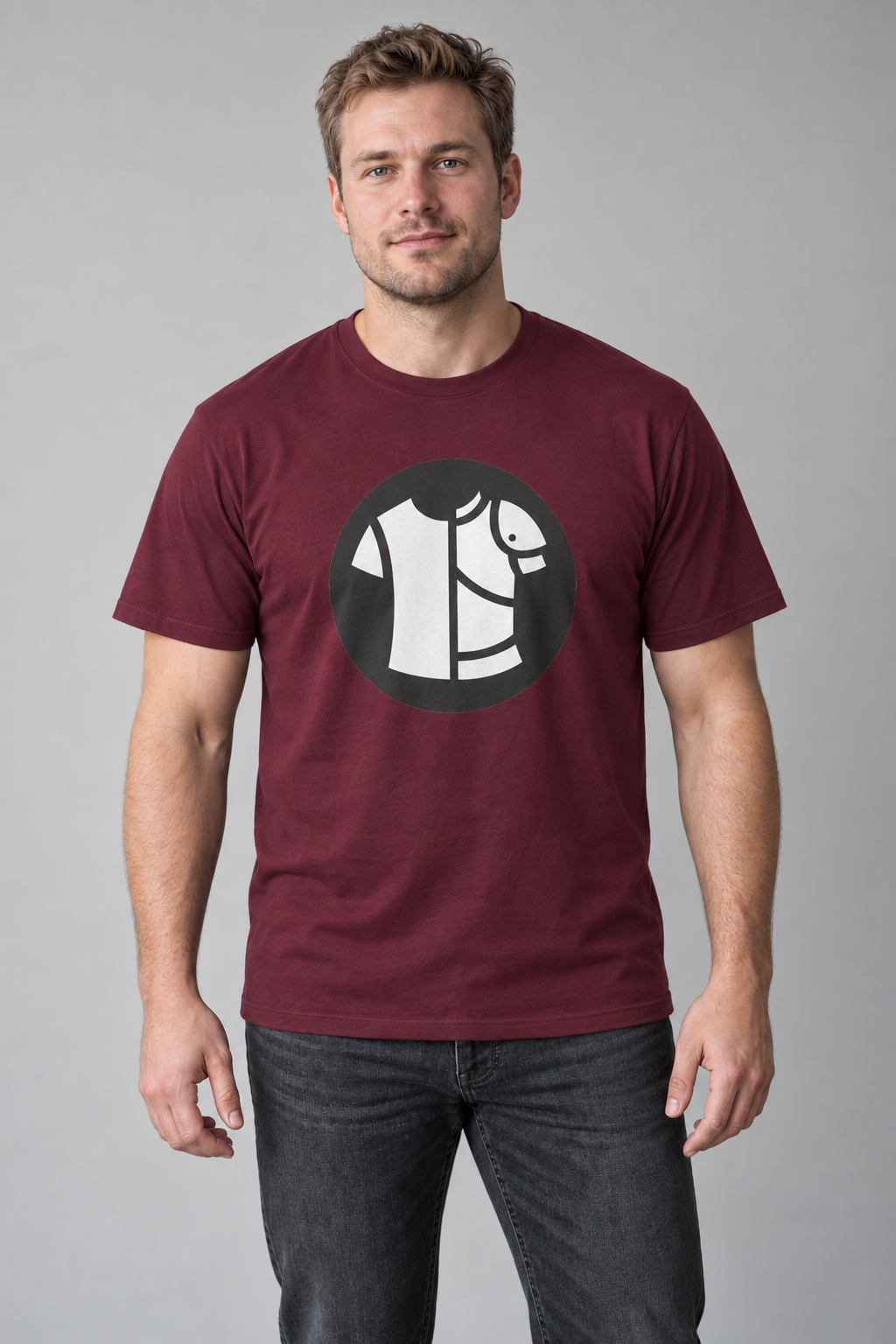ChestSlot Jumbo Logo unisex graphic t-shirt on jonas, AI-generated styling photograph