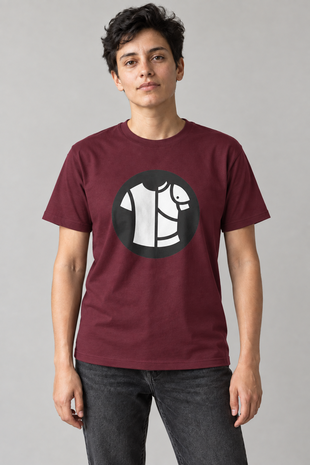 ChestSlot Jumbo Logo unisex graphic t-shirt on alex, AI-generated styling photograph