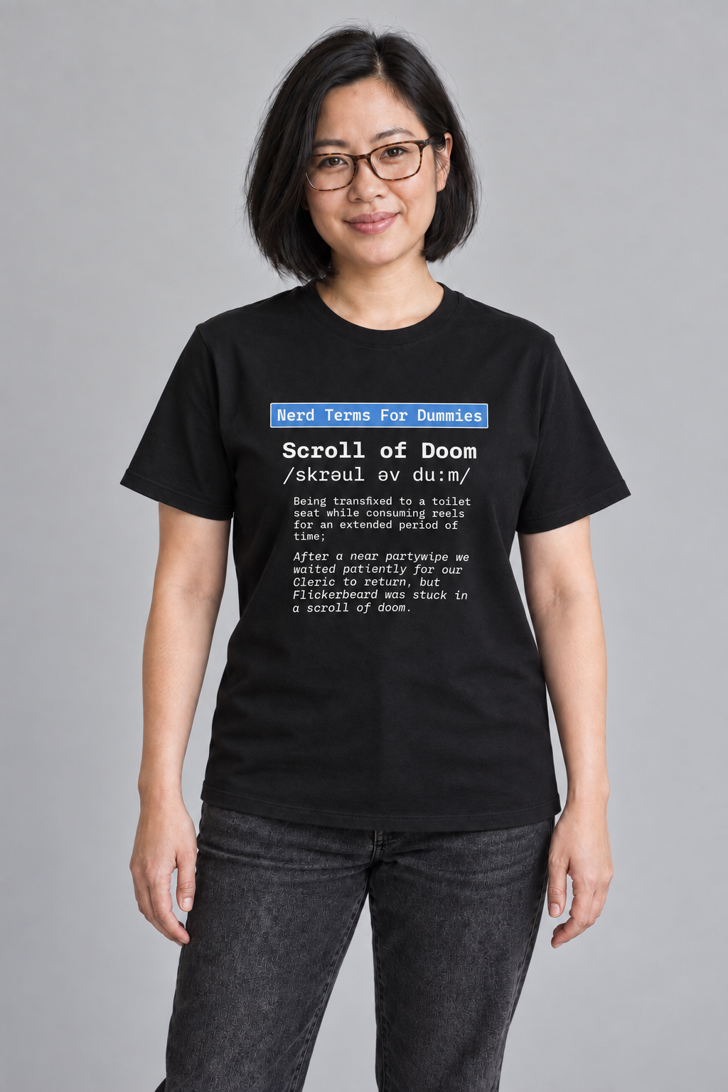 Scroll of Doom unisex graphic t-shirt on lin, AI-generated styling photograph