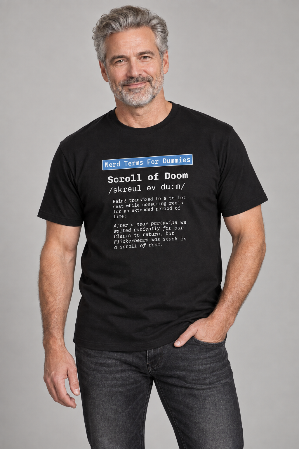 Scroll of Doom unisex graphic t-shirt on henrik, AI-generated styling photograph