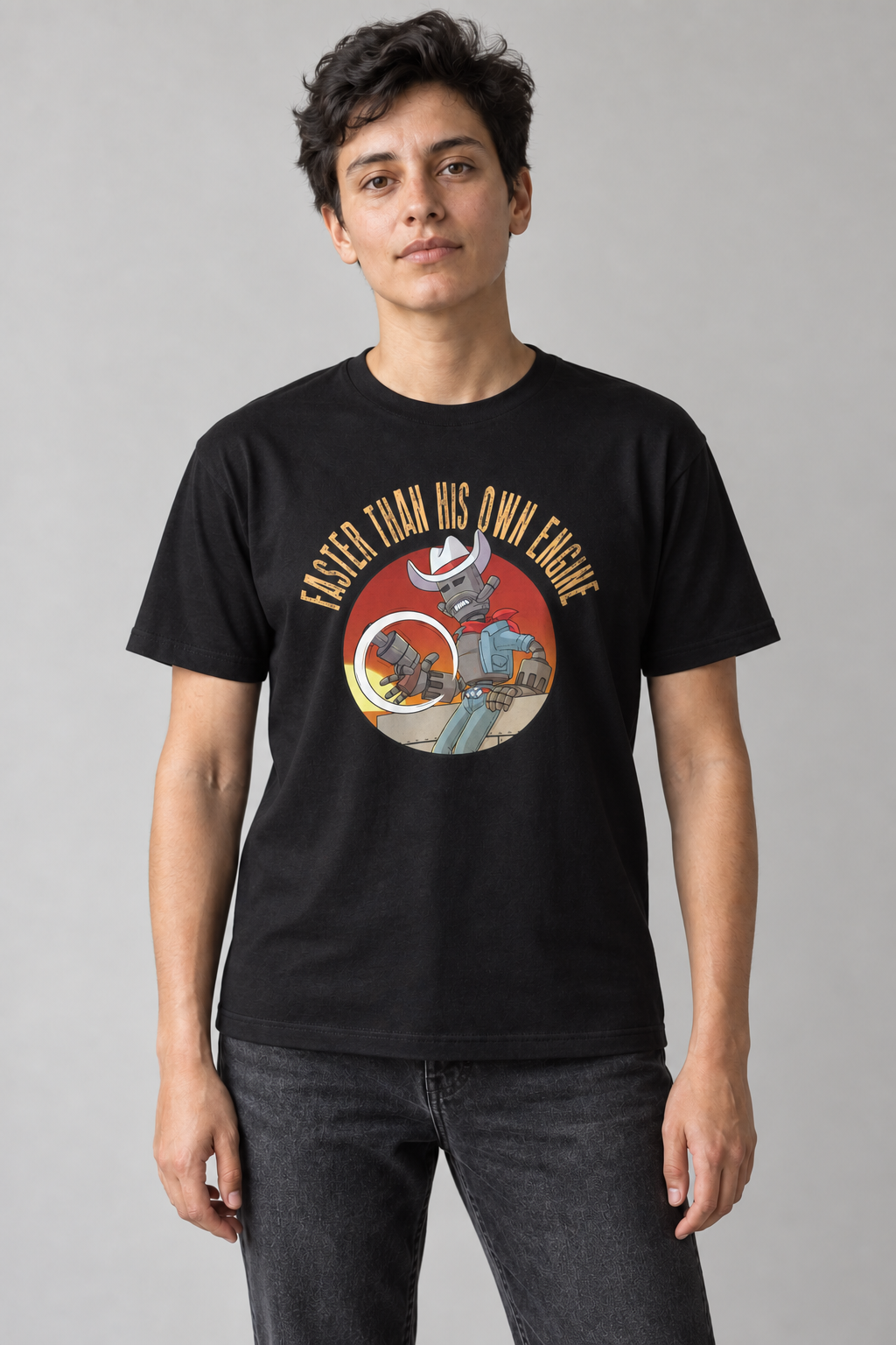 Faster Than His Own Engine unisex graphic t-shirt on alex, AI-generated styling photograph