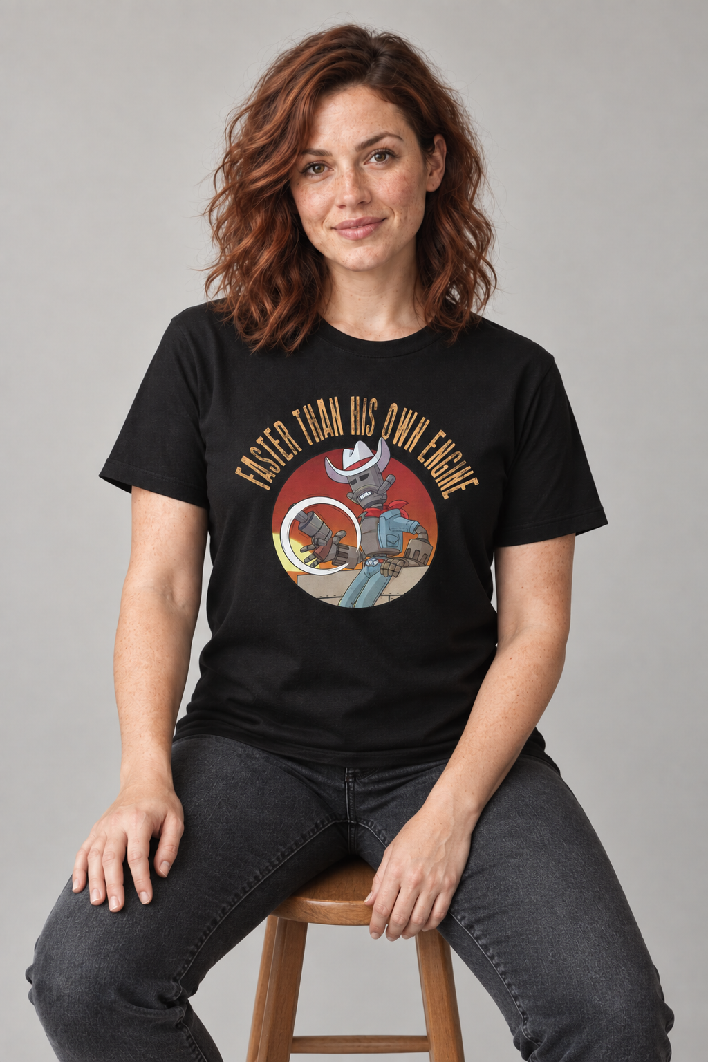 Faster Than His Own Engine unisex graphic t-shirt on mara, AI-generated styling photograph