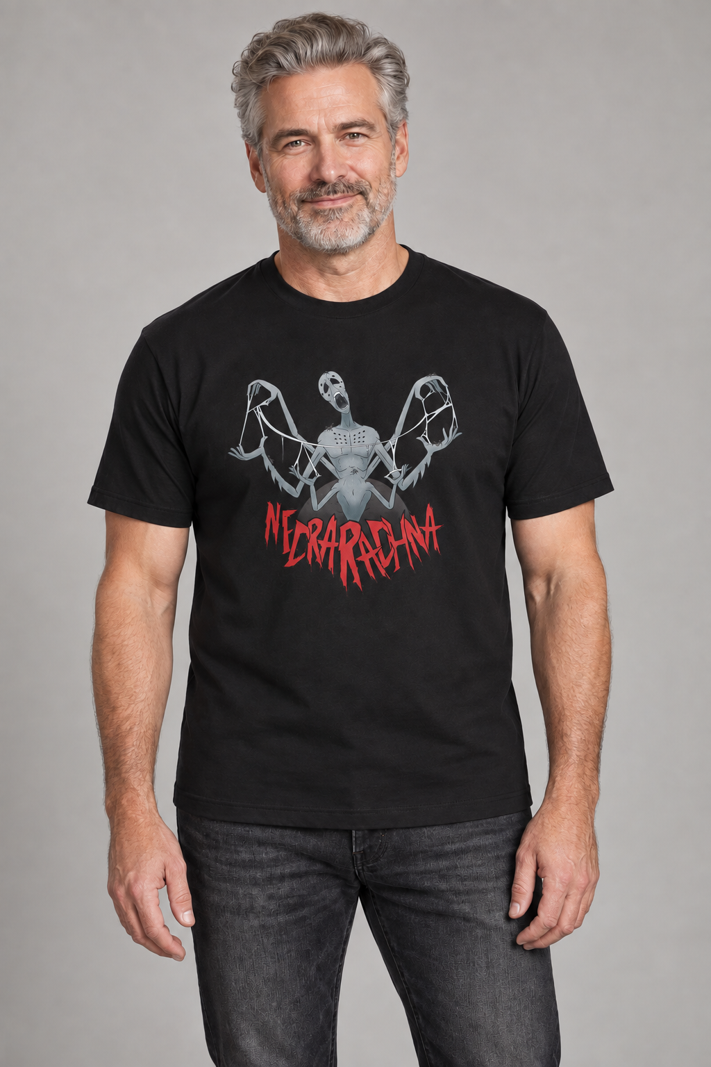 Necrarachna unisex graphic t-shirt on henrik, AI-generated styling photograph