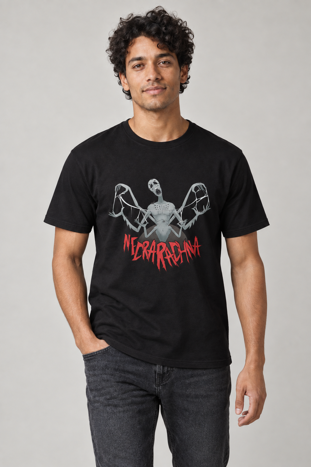 Necrarachna unisex graphic t-shirt on elias, AI-generated styling photograph