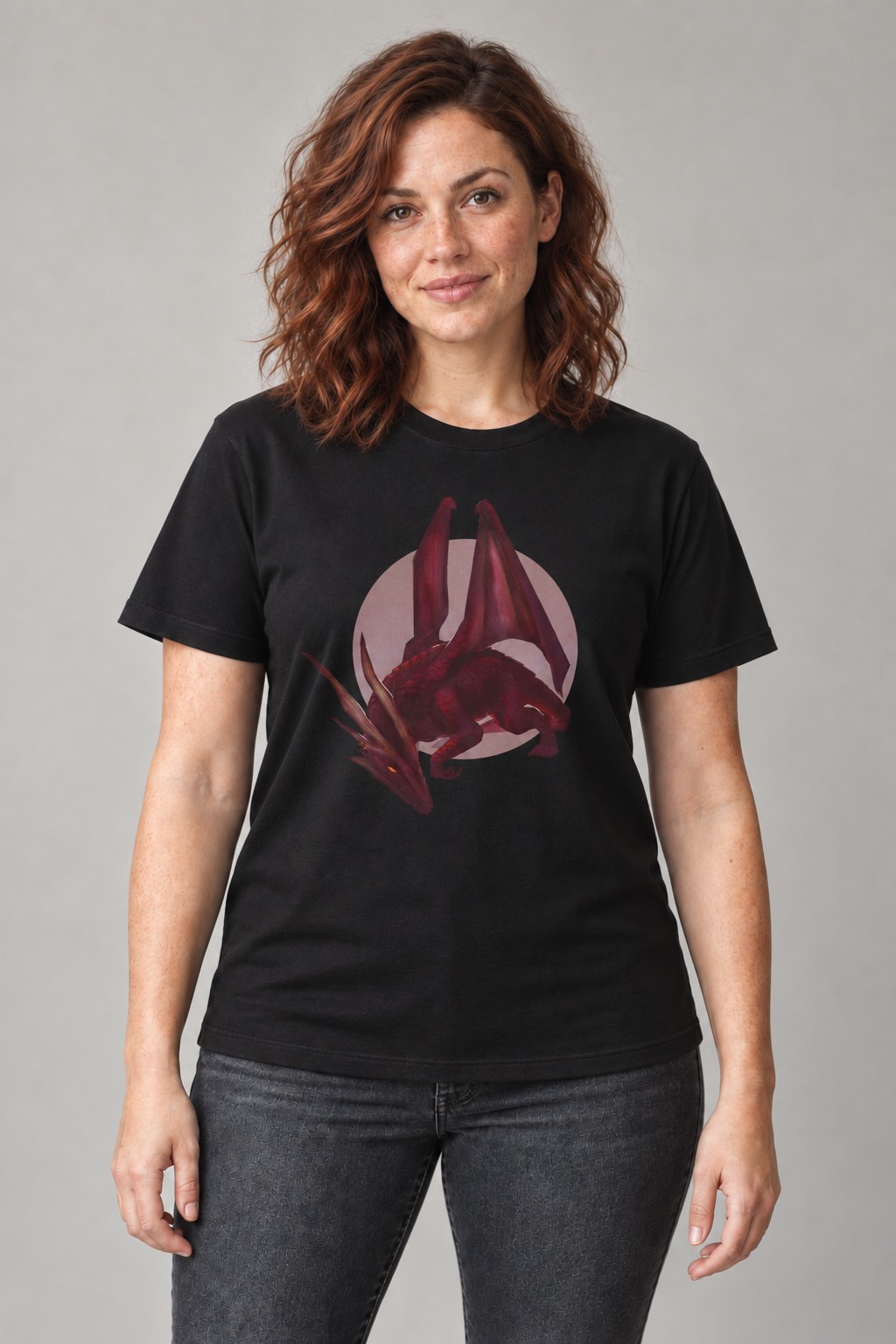 Red Dragon unisex graphic t-shirt on mara, AI-generated styling photograph