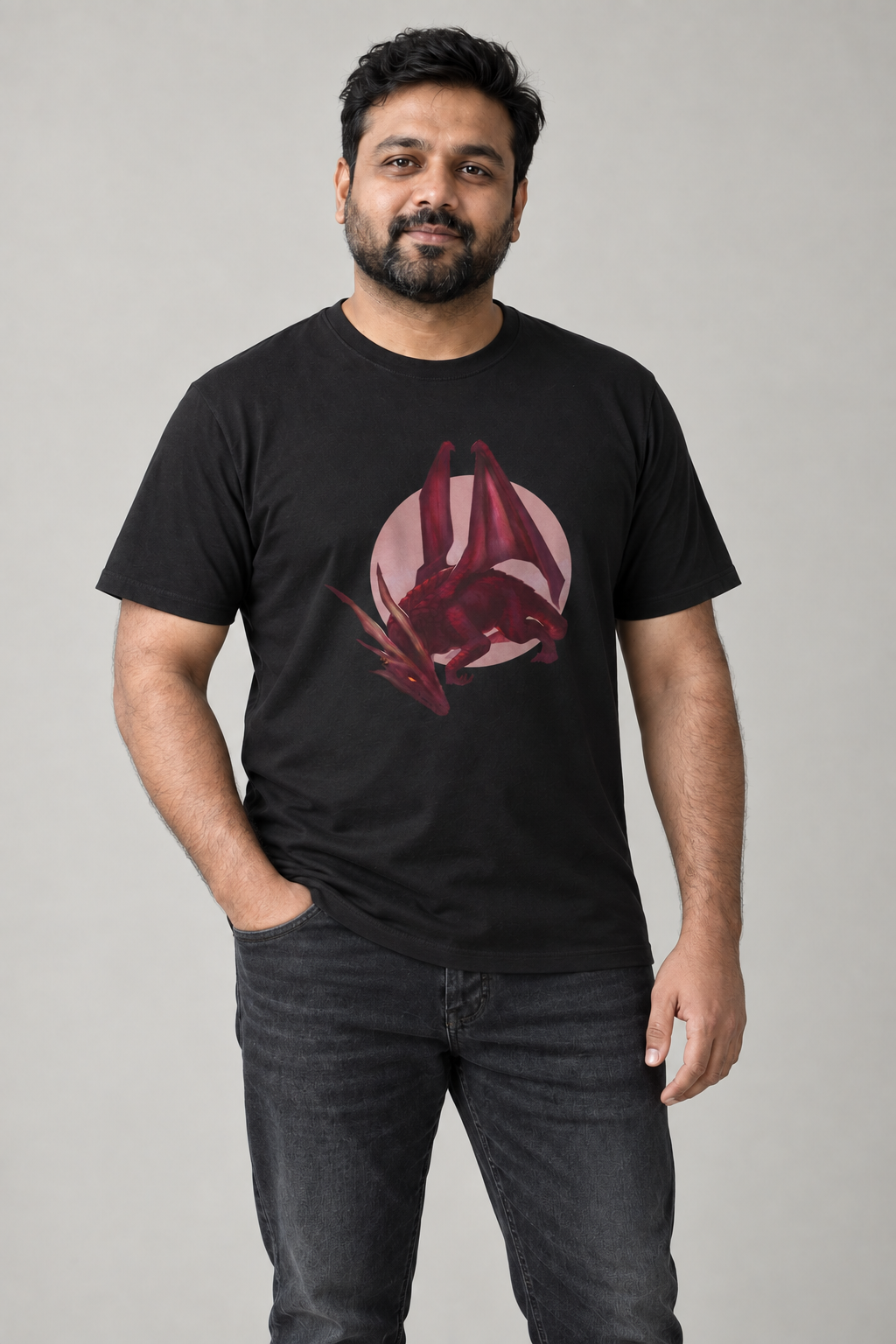 Red Dragon unisex graphic t-shirt on ravi, AI-generated styling photograph