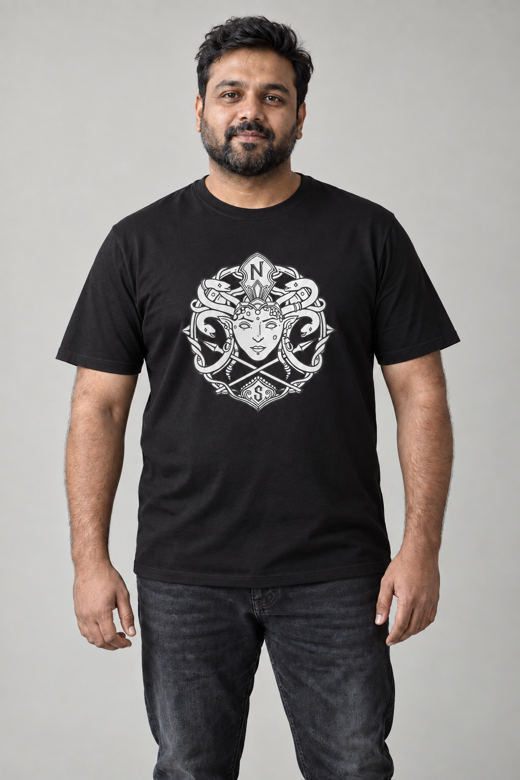 Medusa Compass Rose unisex graphic t-shirt on ravi, AI-generated styling photograph