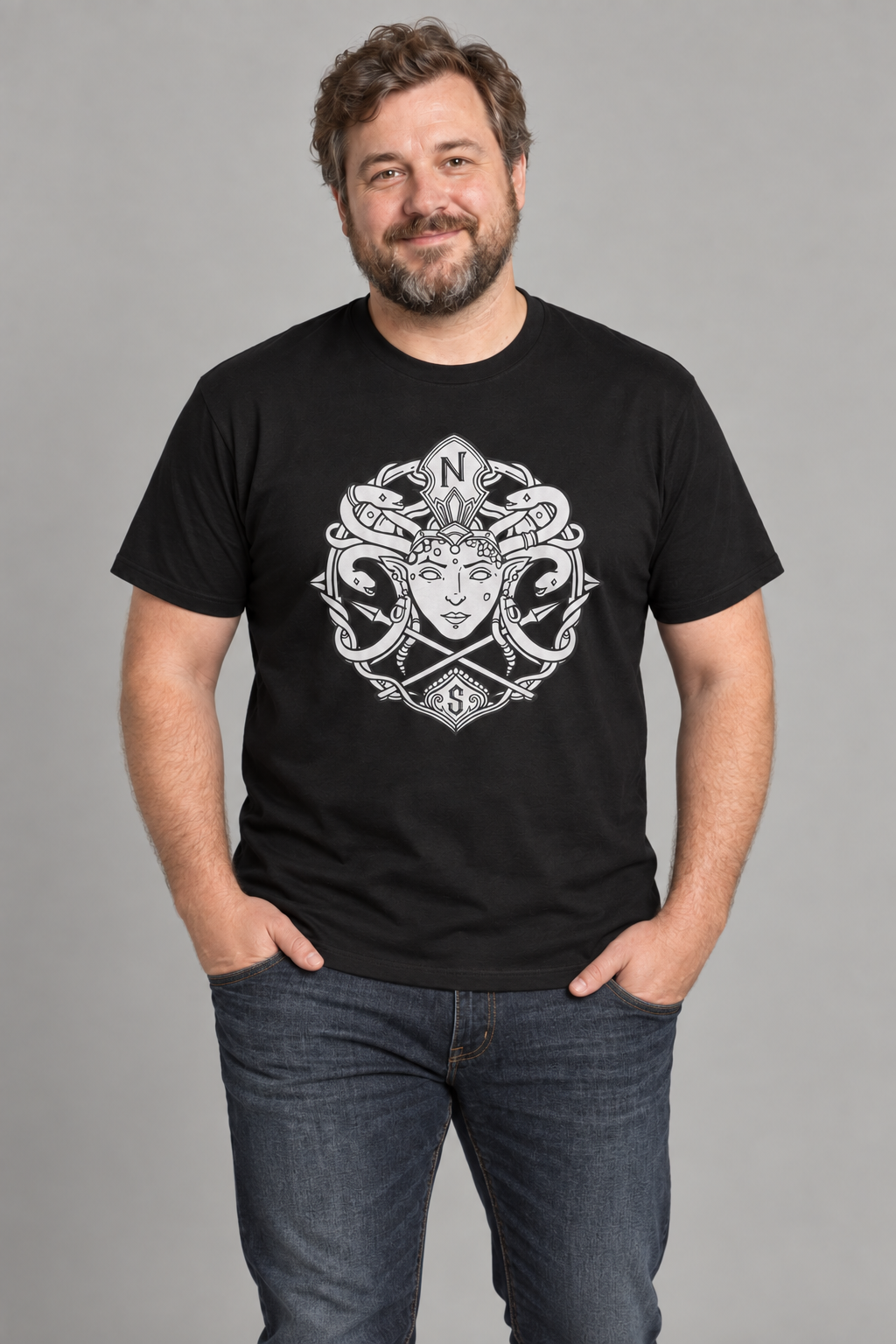 Medusa Compass Rose unisex graphic t-shirt on ben, AI-generated styling photograph