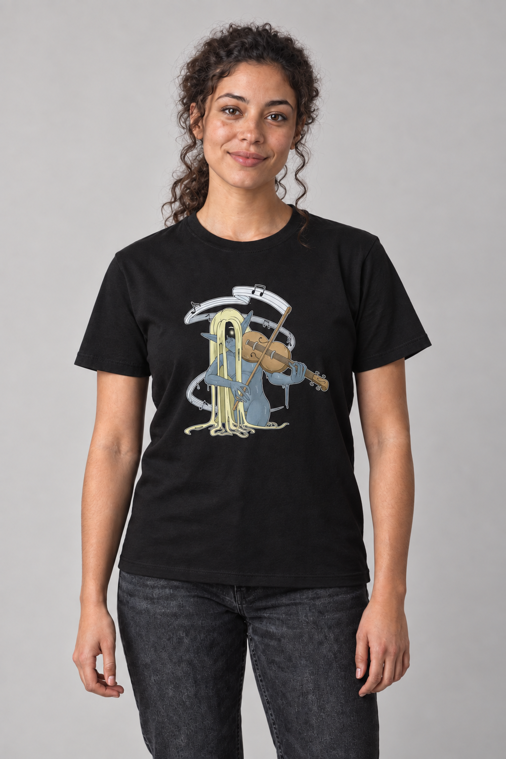 Nøkken unisex graphic t-shirt on nora, AI-generated styling photograph