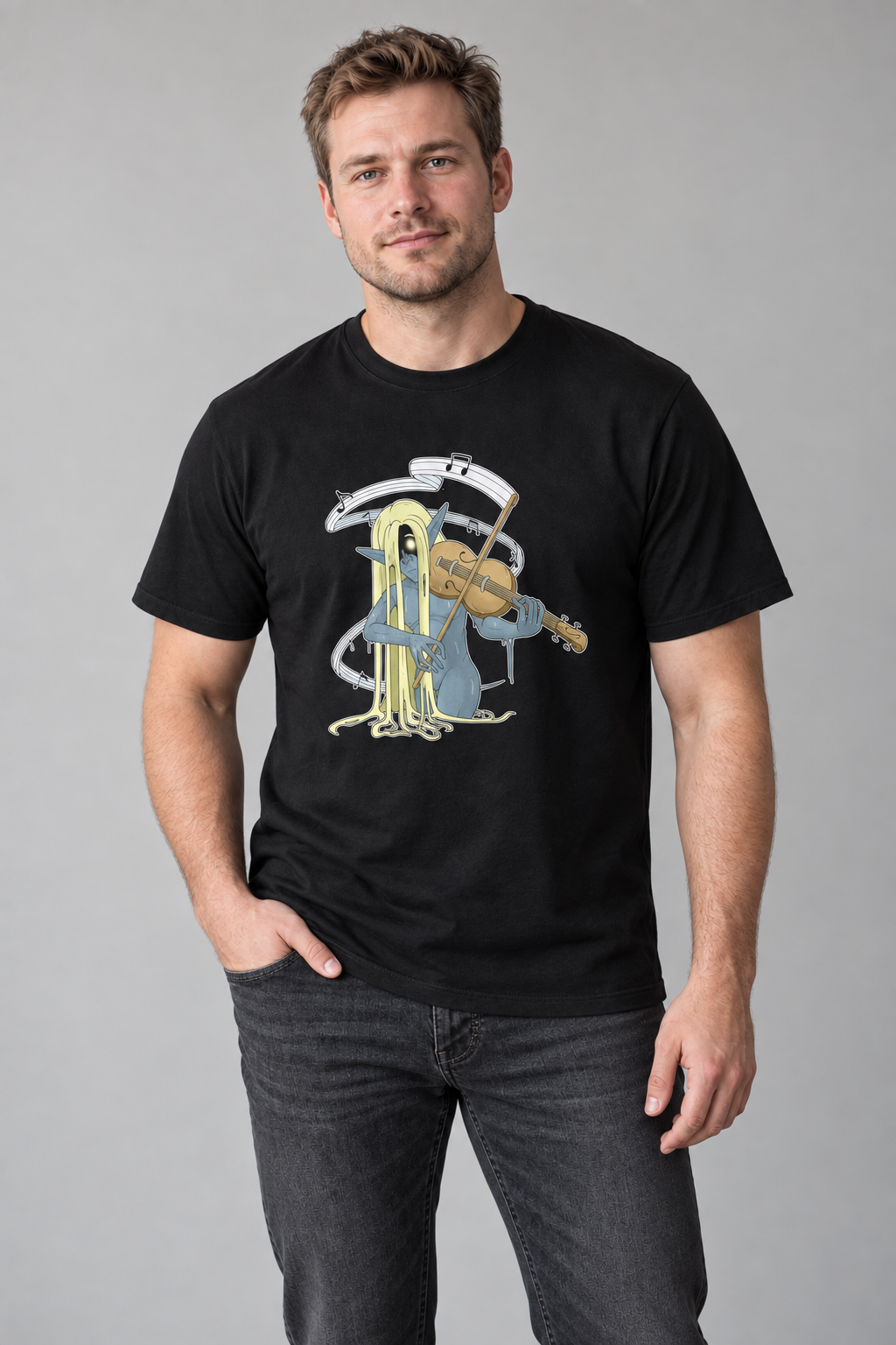 Nøkken unisex graphic t-shirt on jonas, AI-generated styling photograph