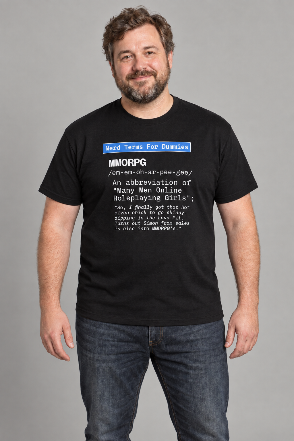 MMORPG unisex graphic t-shirt on ben, AI-generated styling photograph