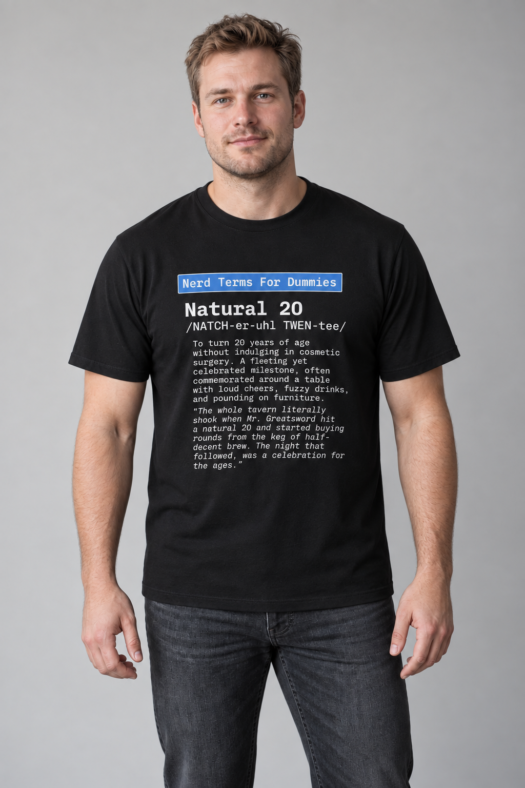 Natural 20 unisex graphic t-shirt on jonas, AI-generated styling photograph