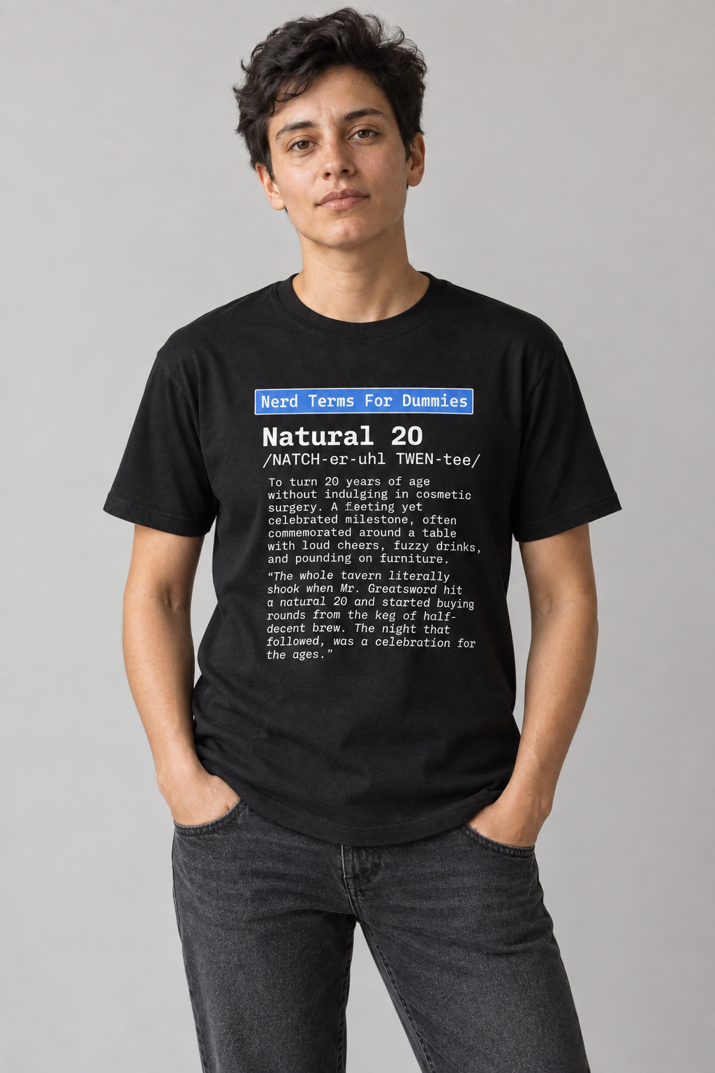 Natural 20 unisex graphic t-shirt on alex, AI-generated styling photograph