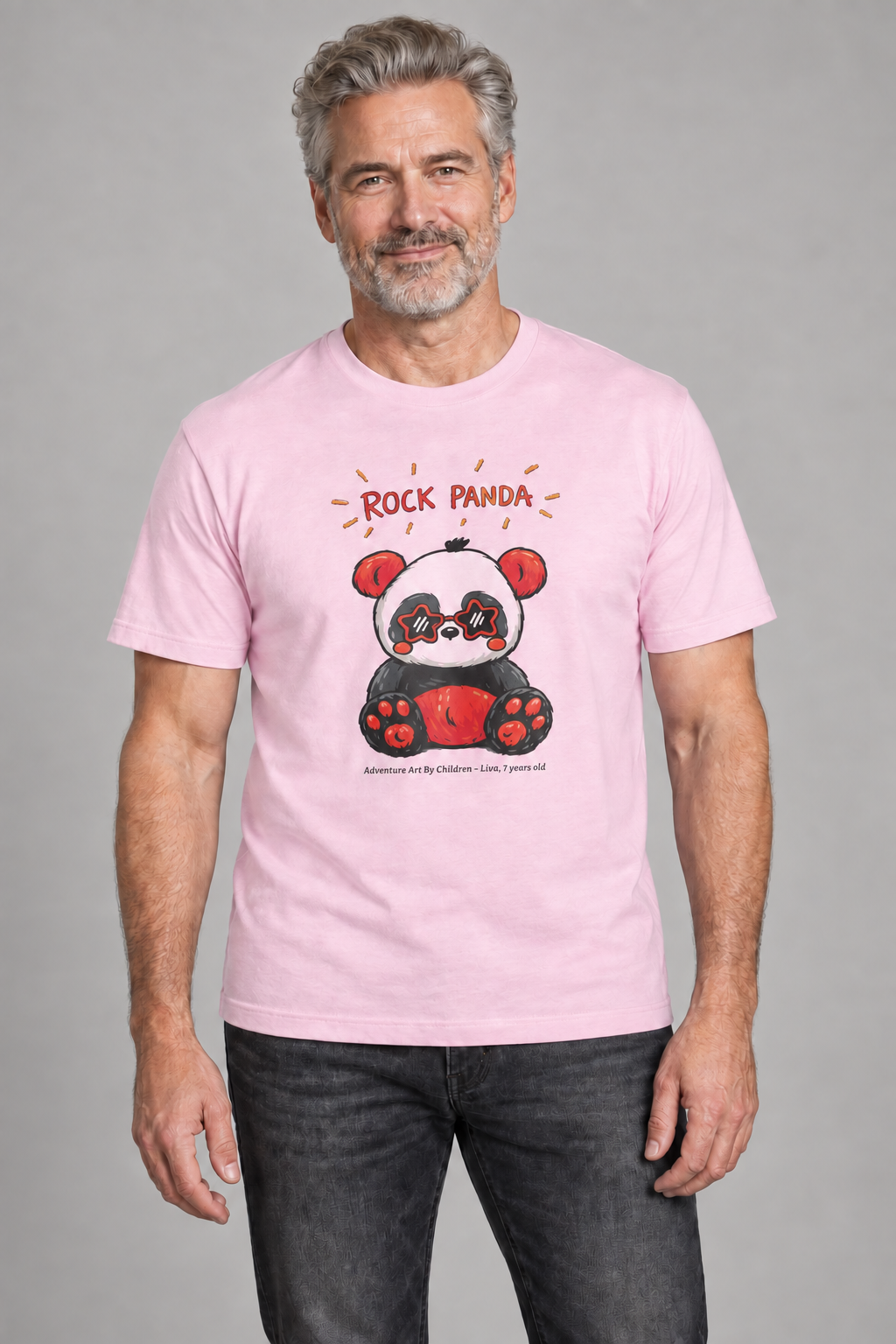 Rock Panda adult size unisex graphic t-shirt, AI-generated model styling photograph