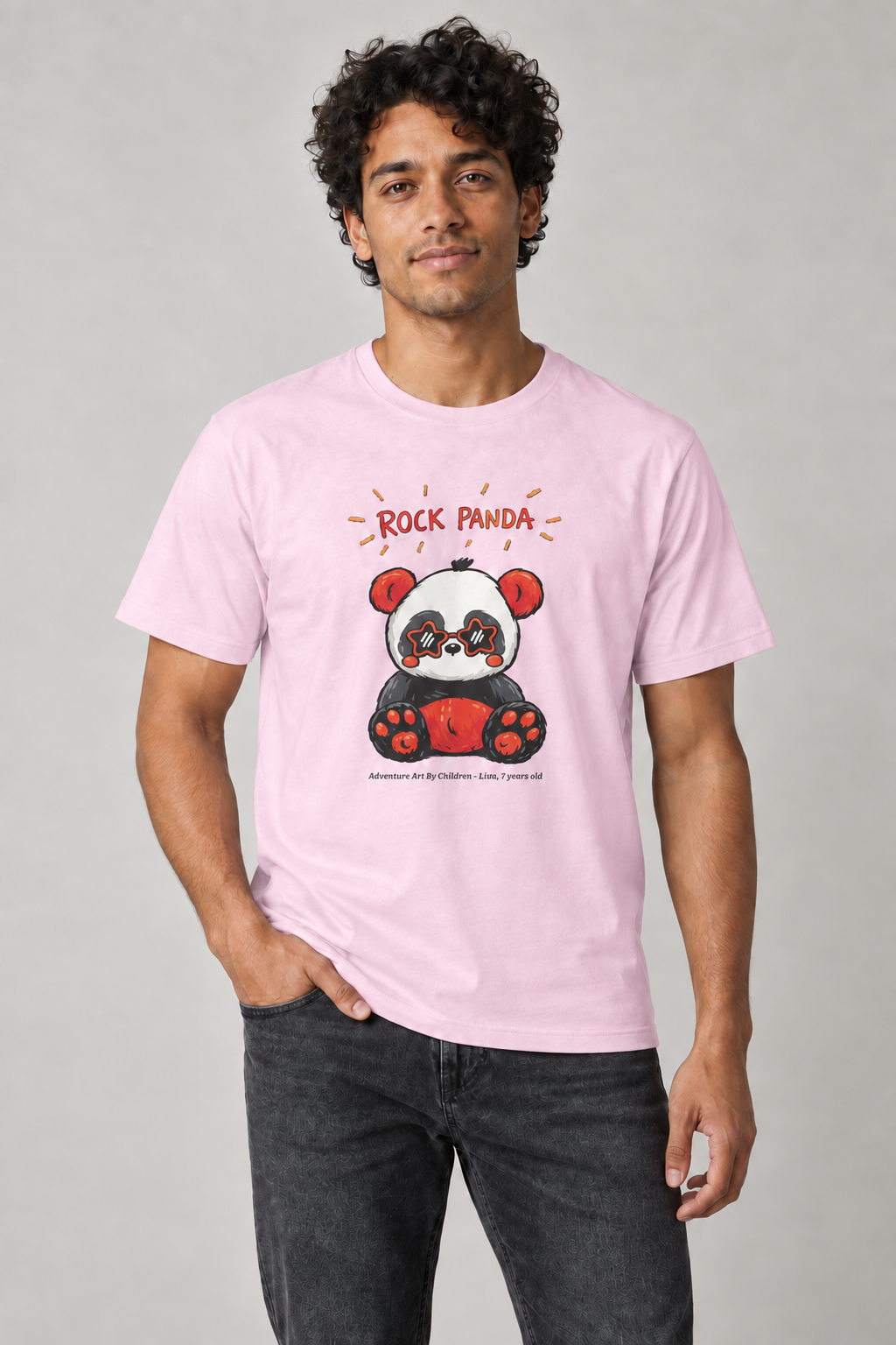 Rock Panda adult size unisex graphic t-shirt, AI-generated model styling photograph