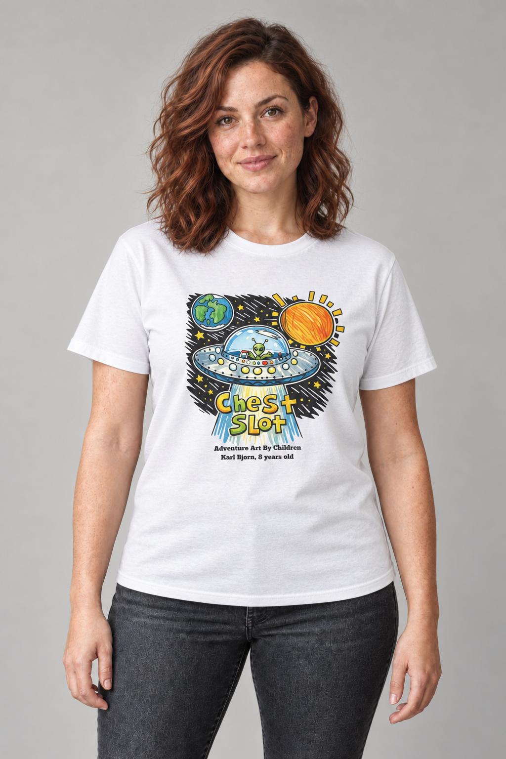UFO adult-size unisex graphic t-shirt on mara, AI-generated styling photograph