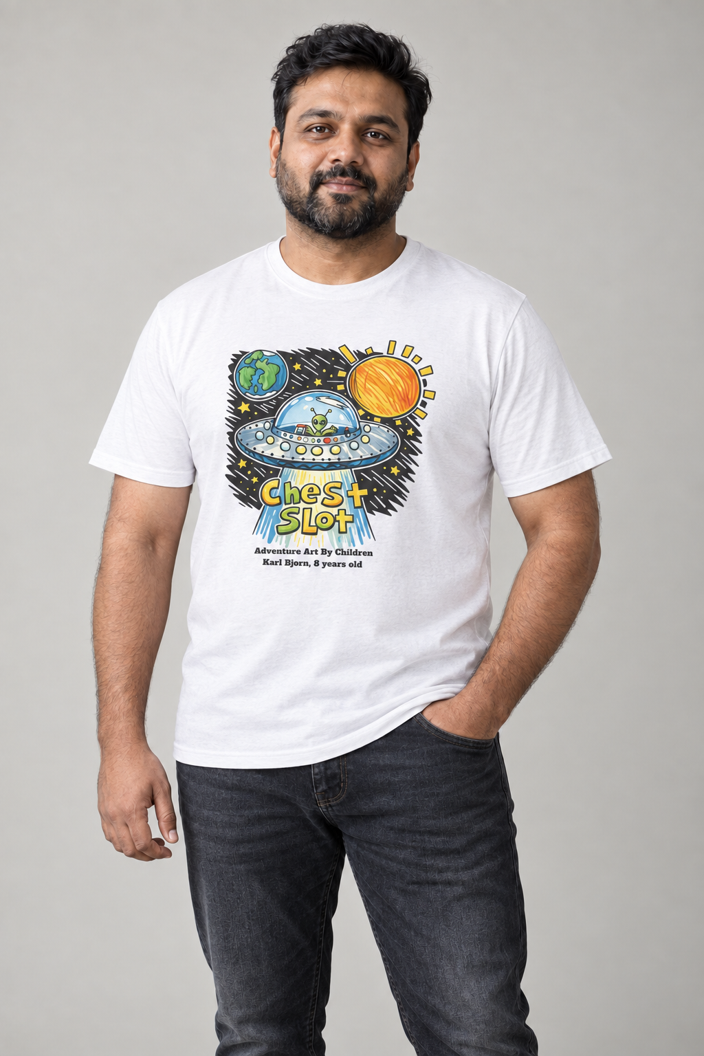 UFO adult-size unisex graphic t-shirt on ravi, AI-generated styling photograph