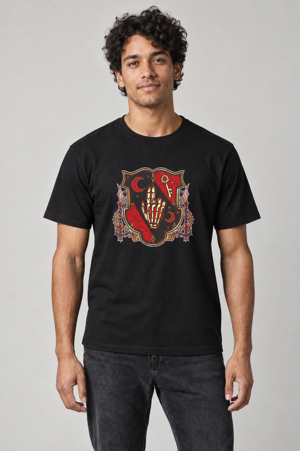 Crimson Hand unisex graphic t-shirt on elias, AI-generated styling photograph
