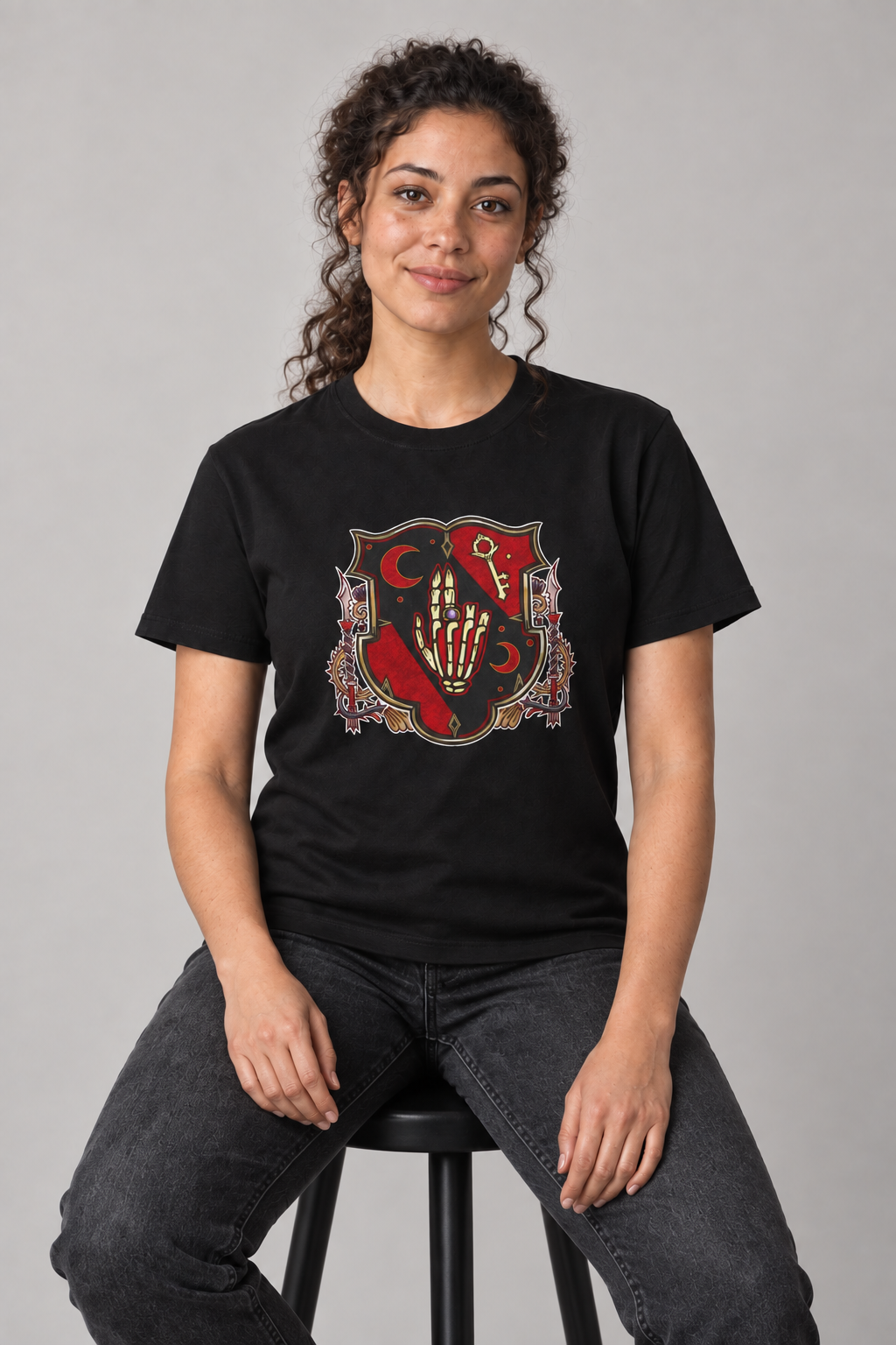 Crimson Hand unisex graphic t-shirt on nora, AI-generated styling photograph