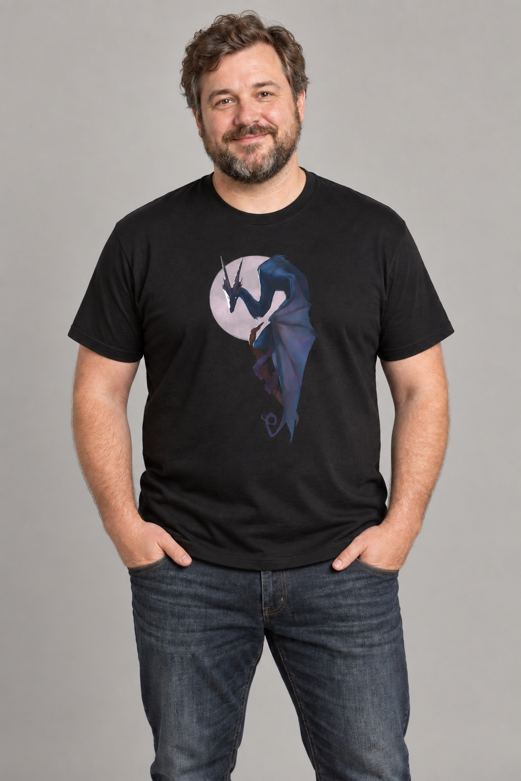 Blue Dragon unisex graphic t-shirt on ben, AI-generated styling photograph