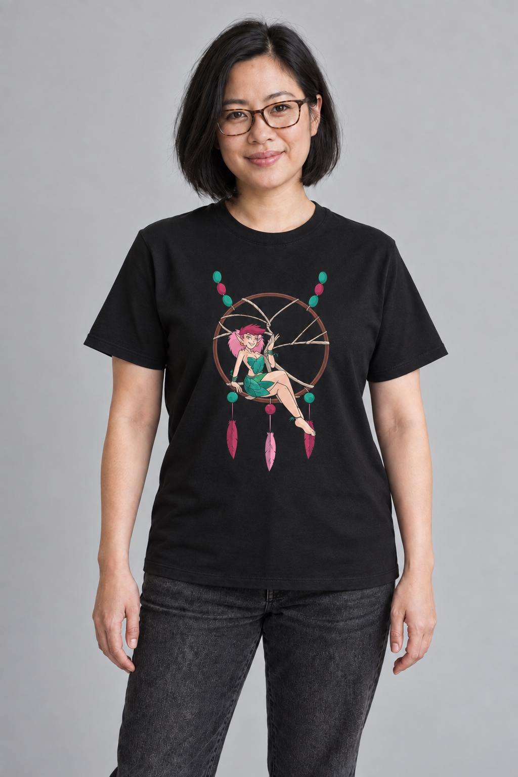 Drømmefe unisex graphic t-shirt on lin, AI-generated styling photograph