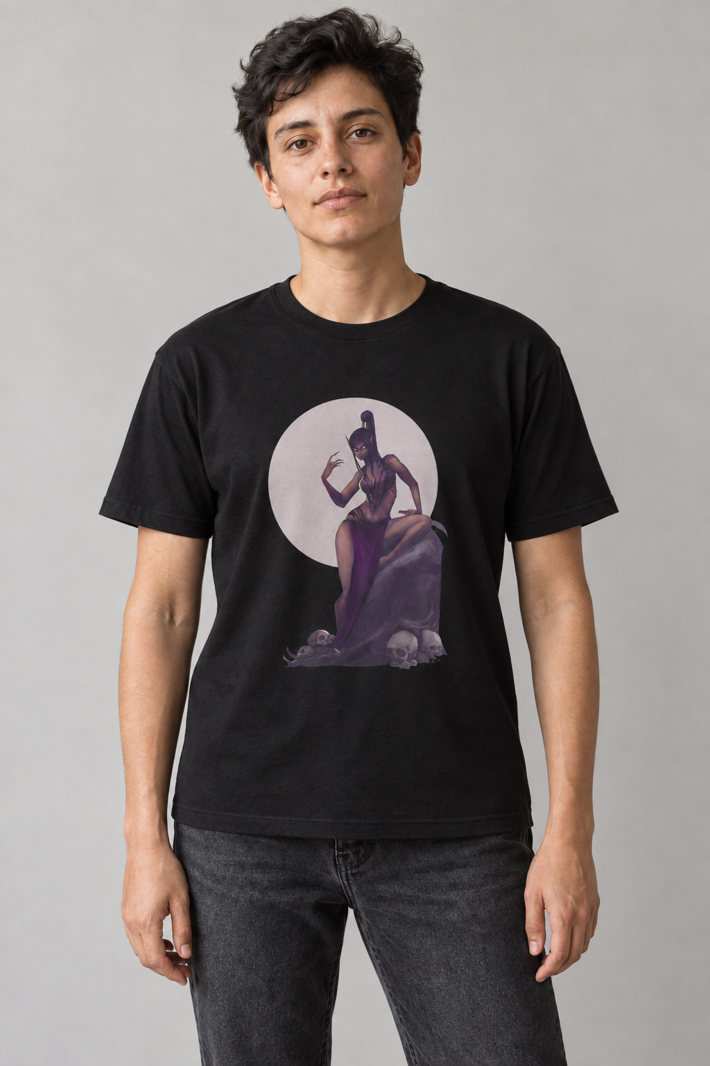 Sorceress unisex graphic t-shirt on alex, AI-generated styling photograph