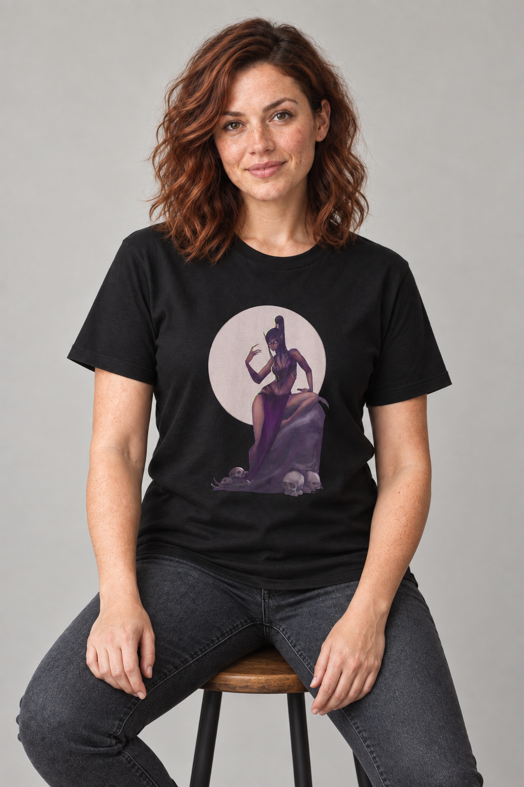 Sorceress unisex graphic t-shirt on mara, AI-generated styling photograph