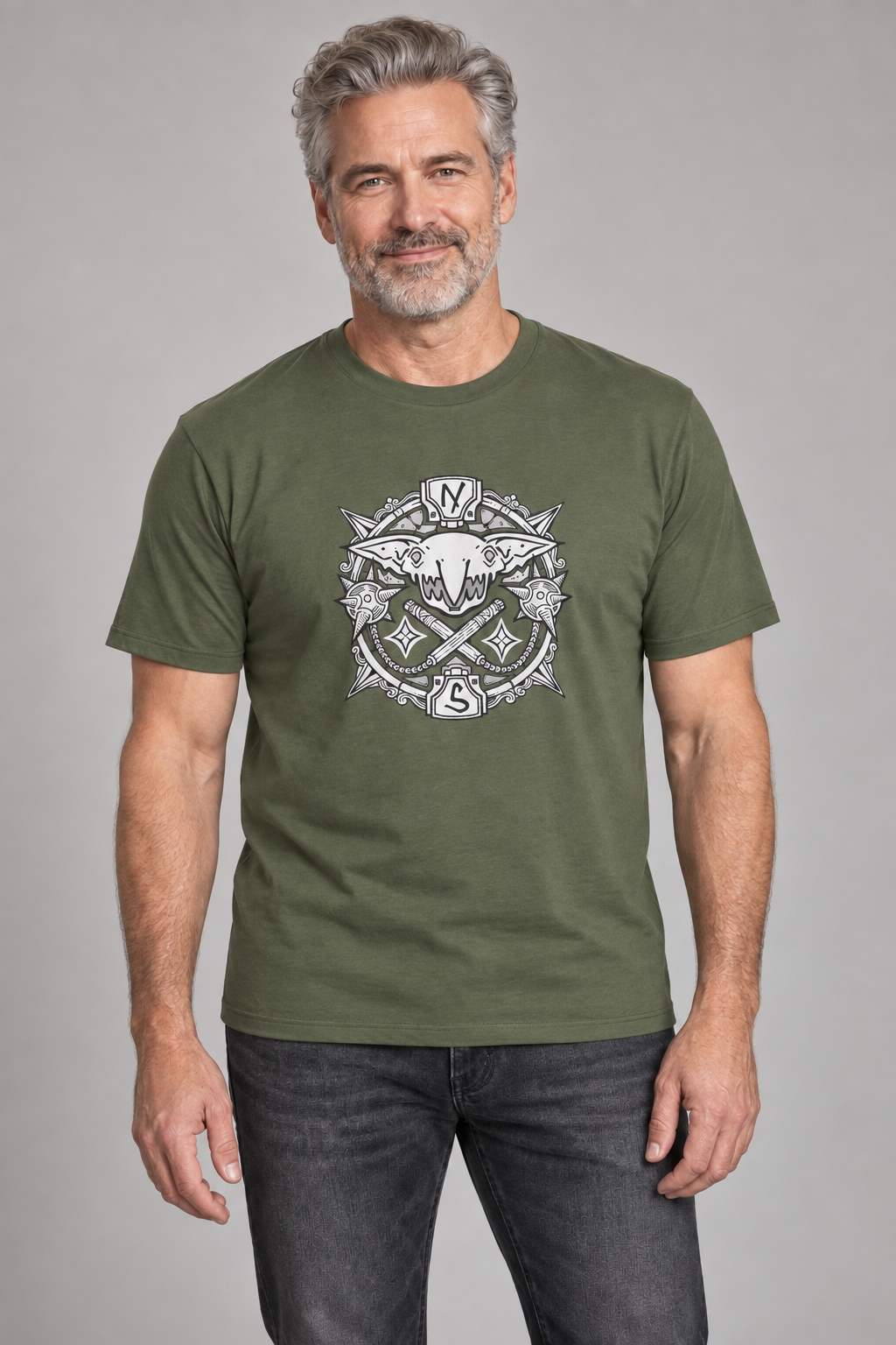 Goblin Compass Rose unisex graphic t-shirt on henrik, AI-generated styling photograph