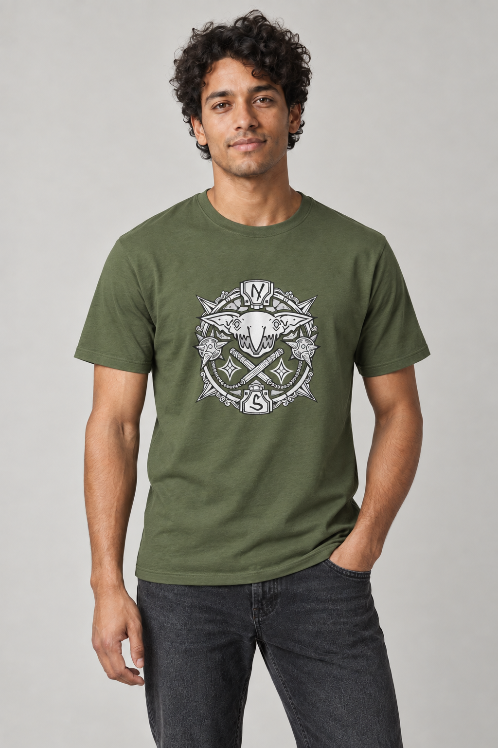 Goblin Compass Rose unisex graphic t-shirt on elias, AI-generated styling photograph