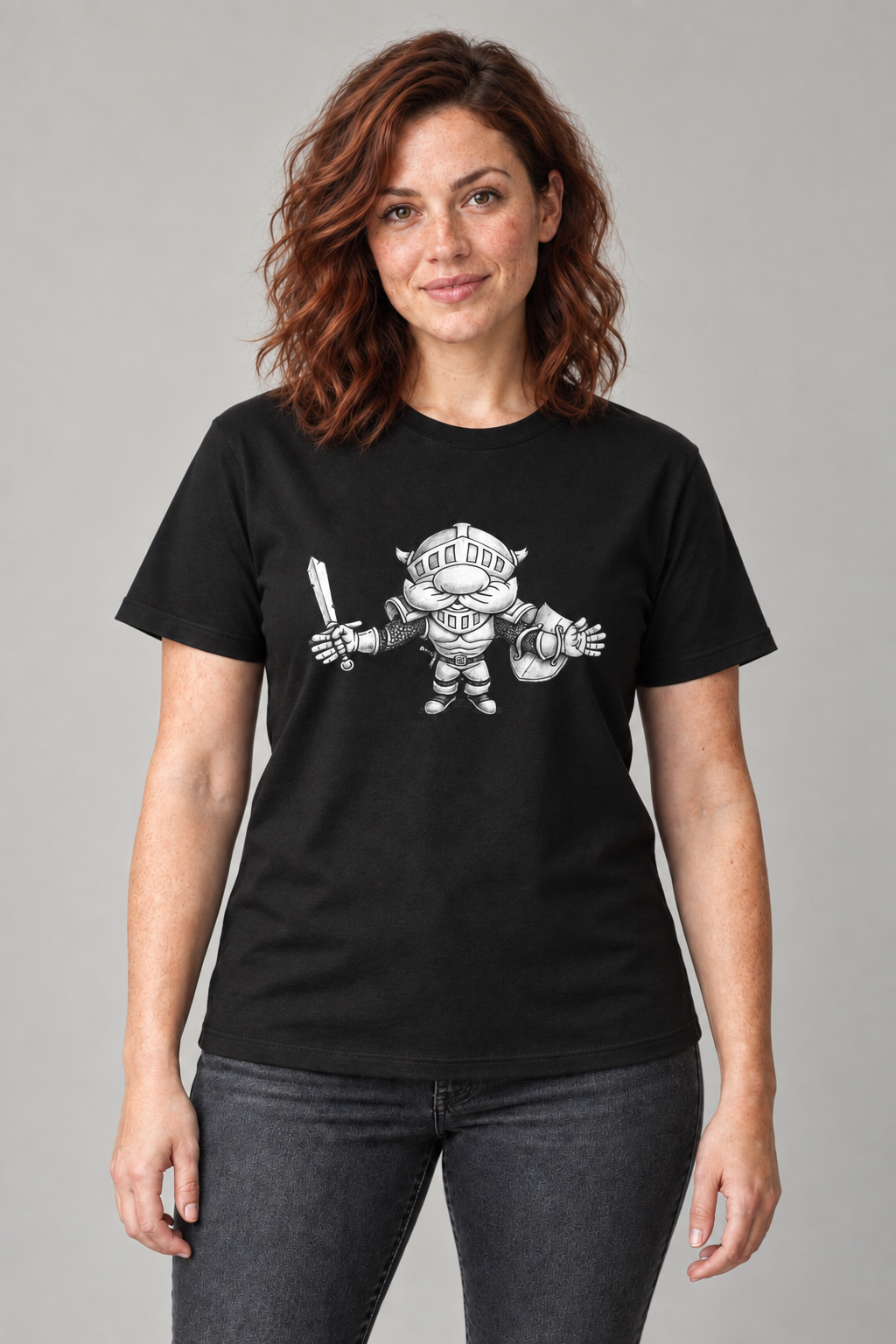 Knight Hug unisex graphic t-shirt on mara, AI-generated styling photograph