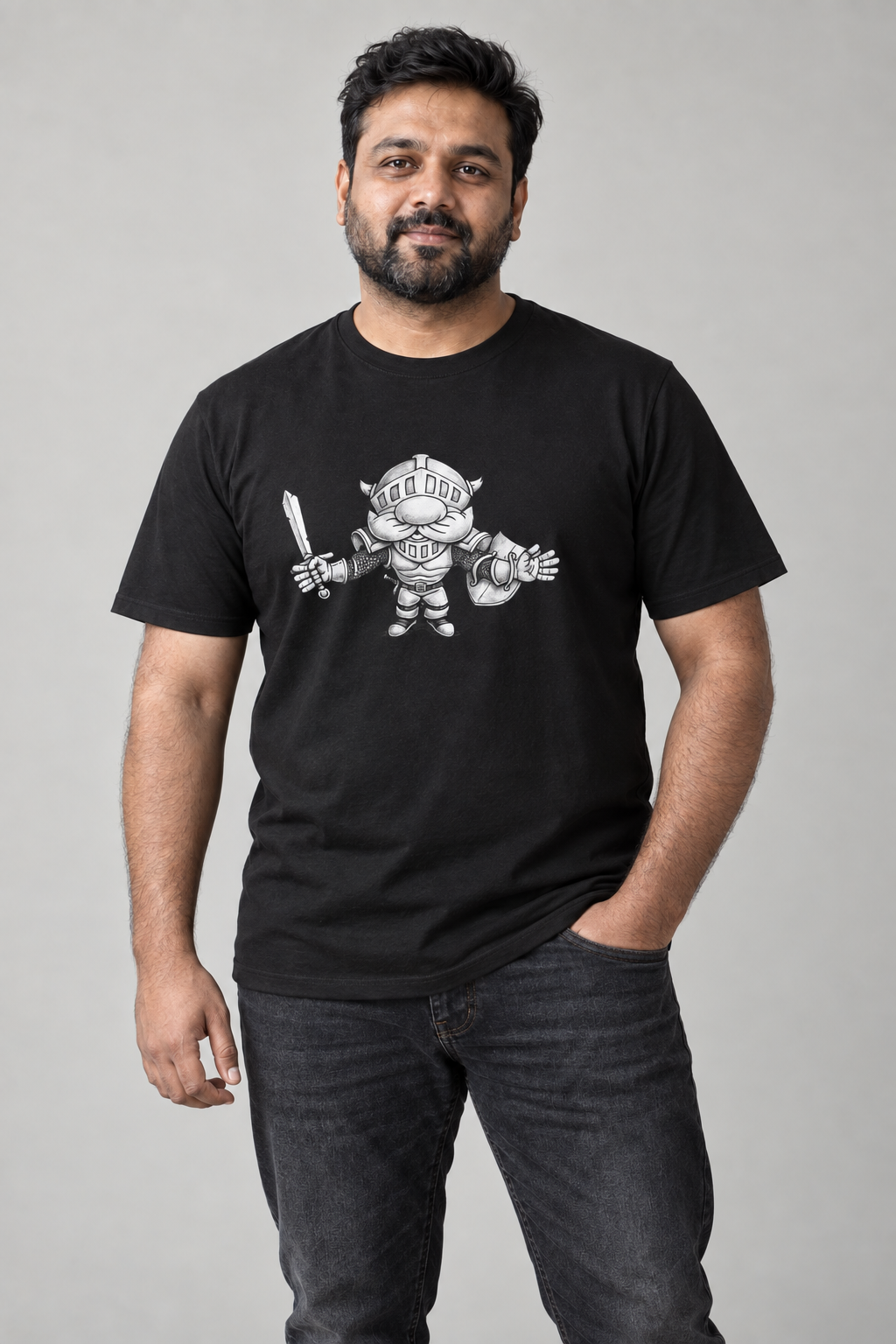 Knight Hug unisex graphic t-shirt on ravi, AI-generated styling photograph