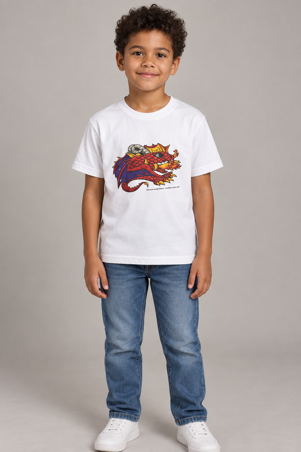 Red Fire Dragon - kids-size unisex graphic tee, AI-generated model styling photograph