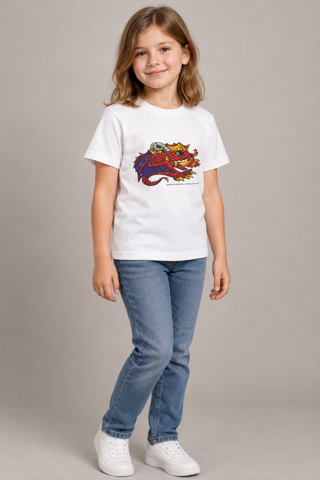 Red Fire Dragon - kids-size unisex graphic tee, AI-generated model styling photograph