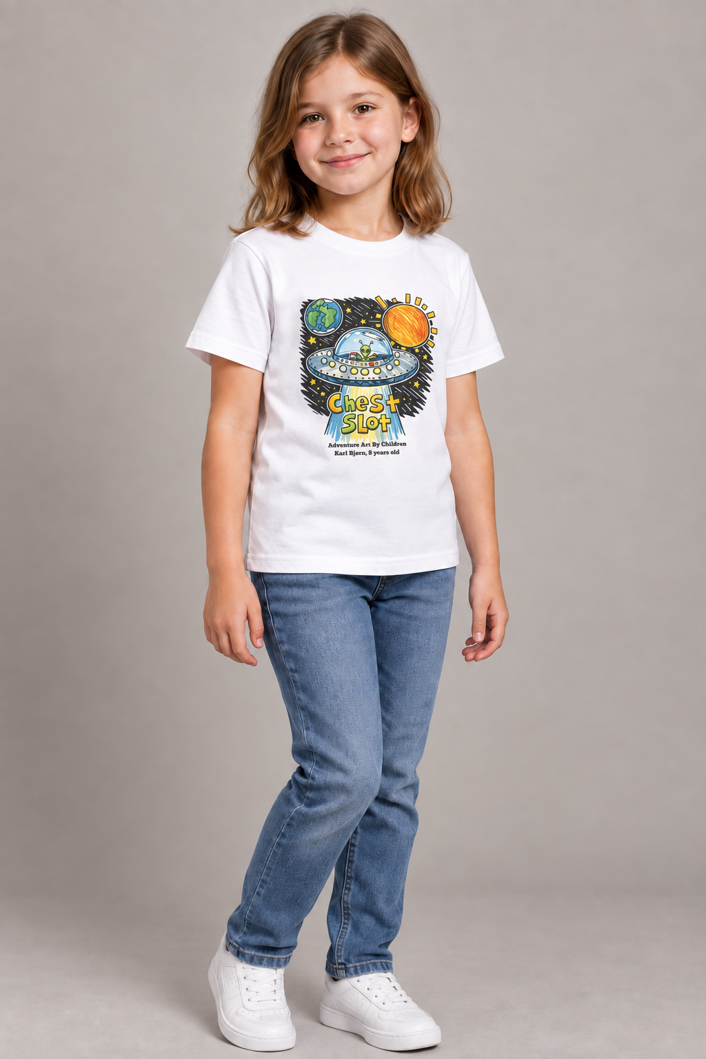 UFO - kids-size unisex graphic tee, AI-generated model styling photograph