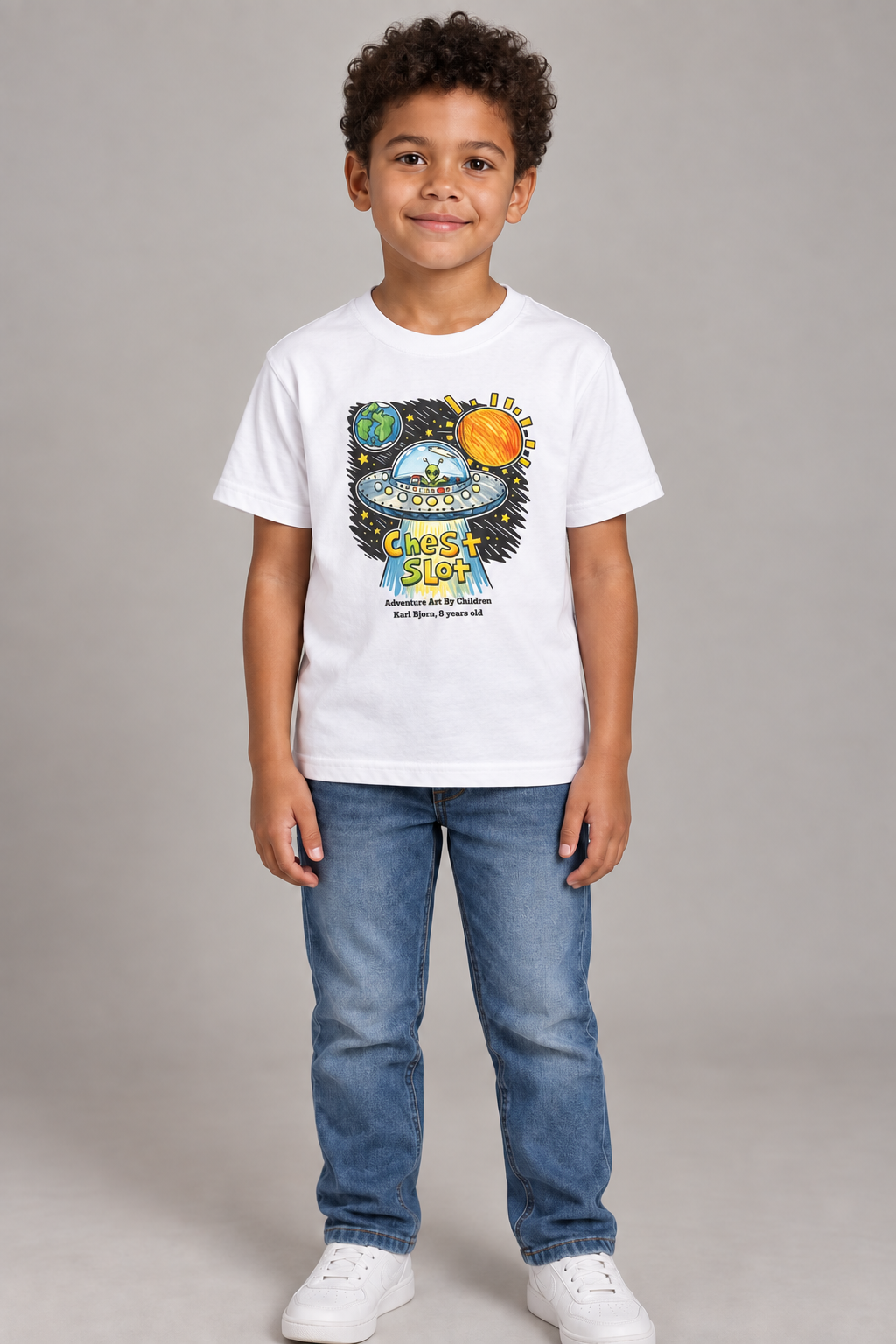 UFO - kids-size unisex graphic tee, AI-generated model styling photograph