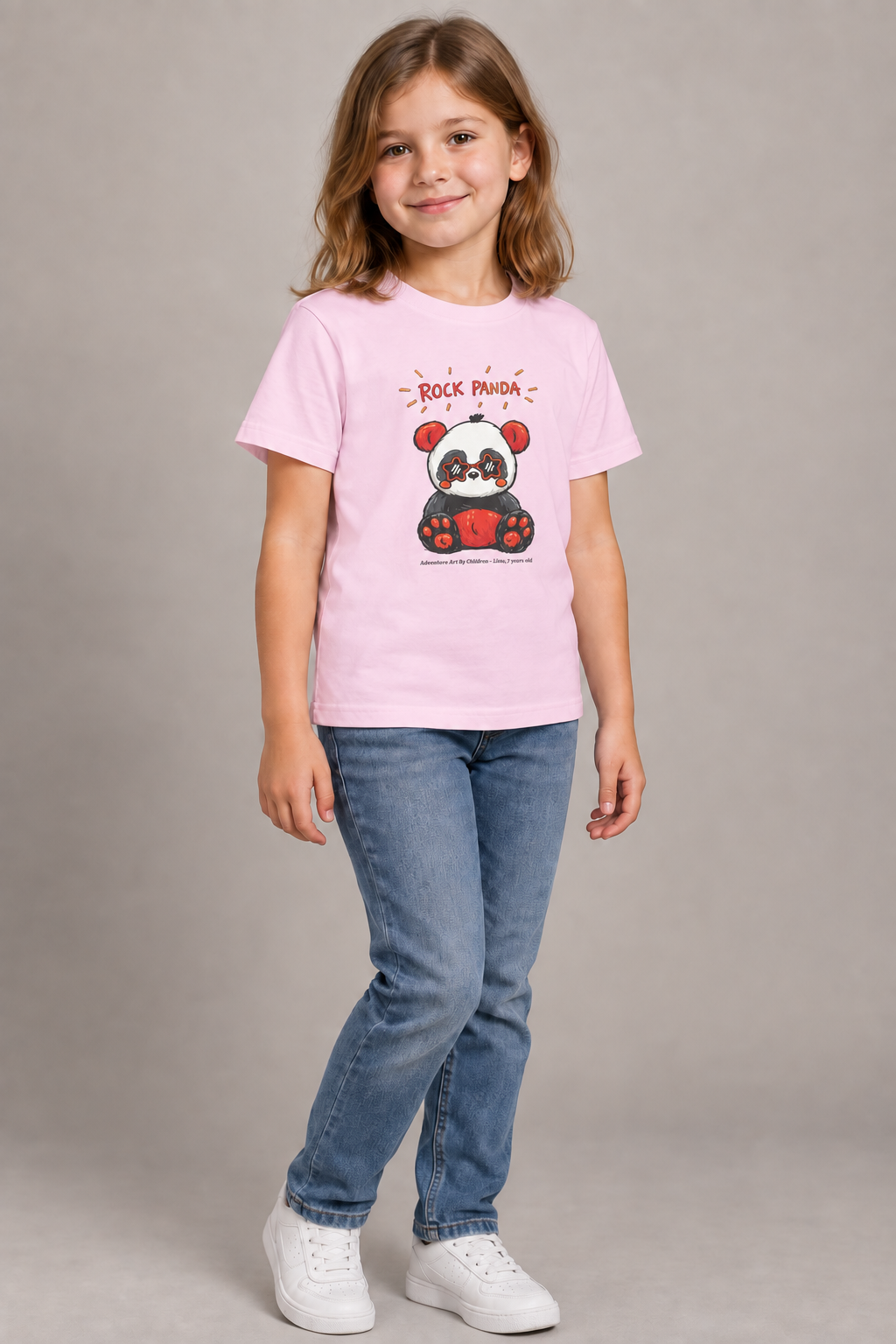 Rock Panda - kids-size unisex graphic tee, AI-generated model styling photograph