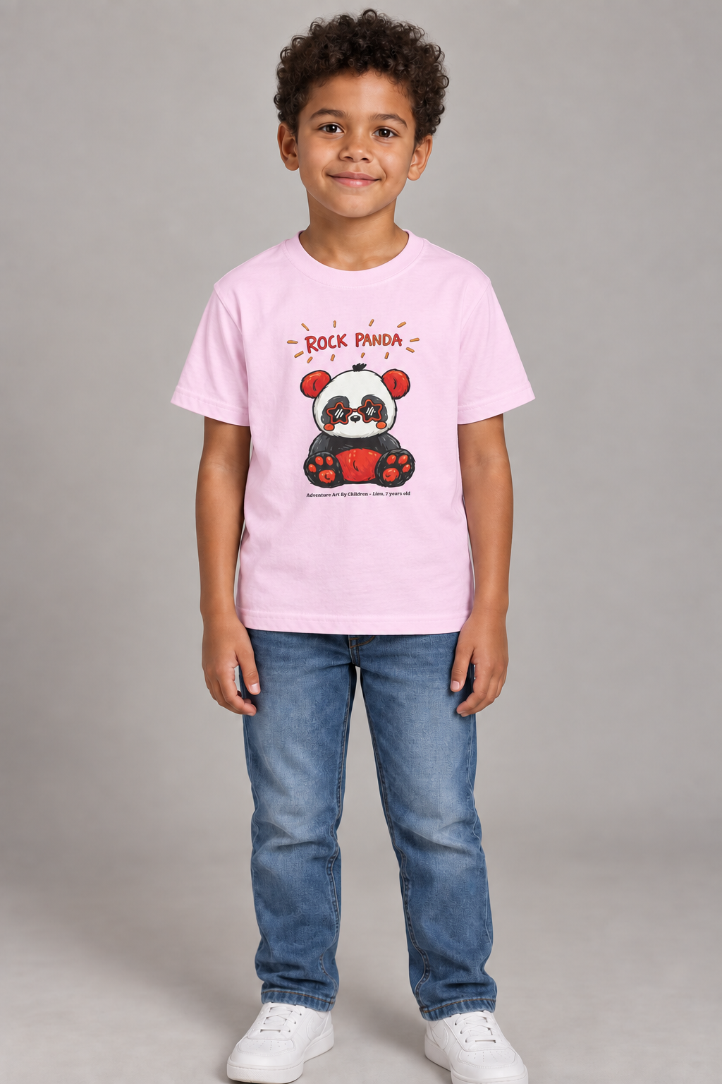 Rock Panda - kids-size unisex graphic tee, AI-generated model styling photograph