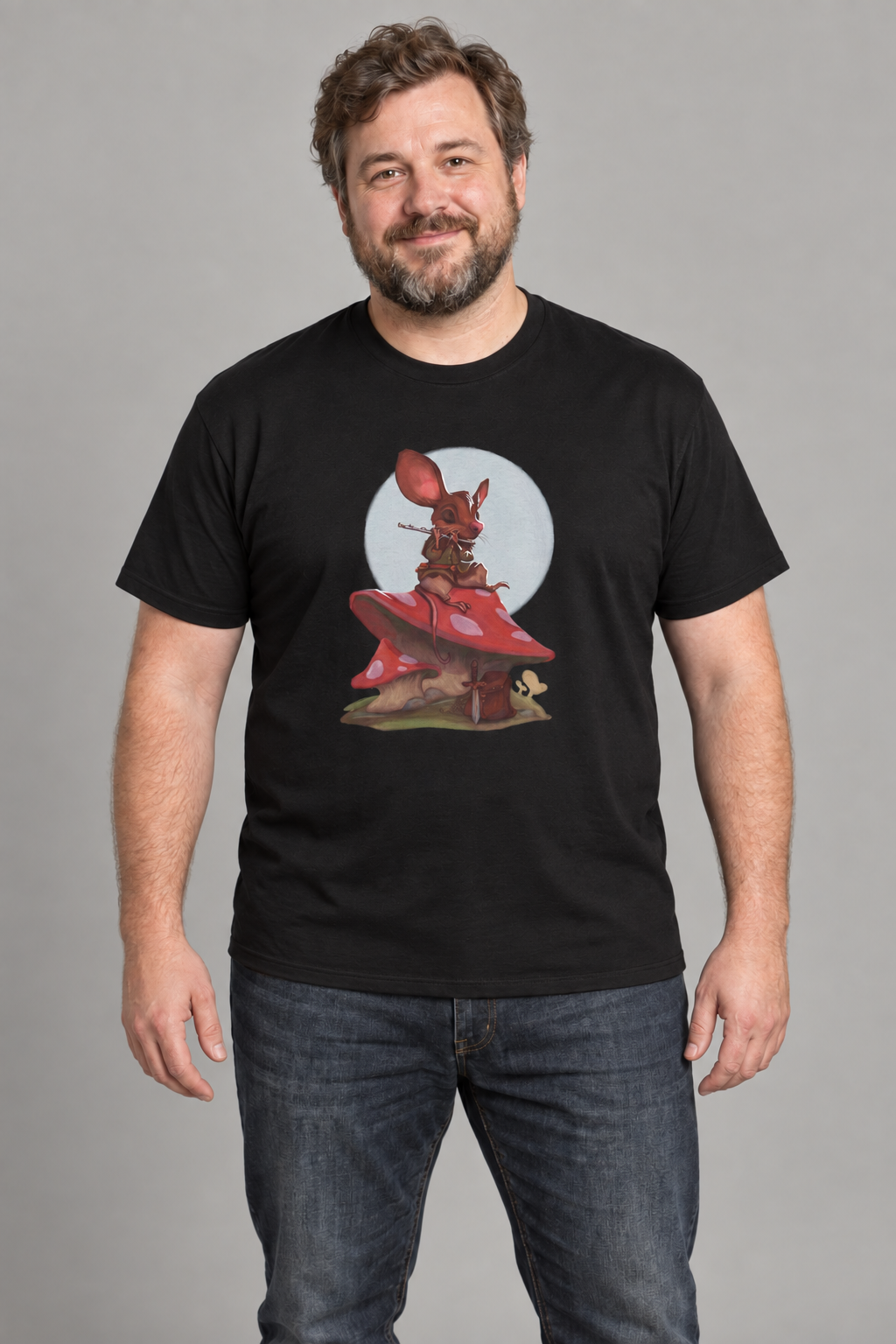 Adventure Mouse unisex graphic t-shirt on ben, AI-generated styling photograph