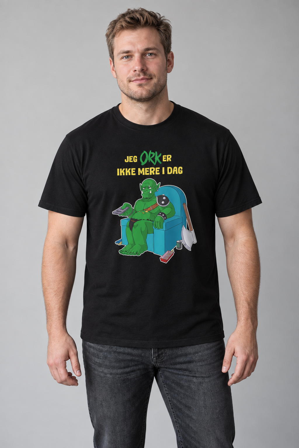 Orker Ikke mere unisex graphic t-shirt on jonas, AI-generated styling photograph