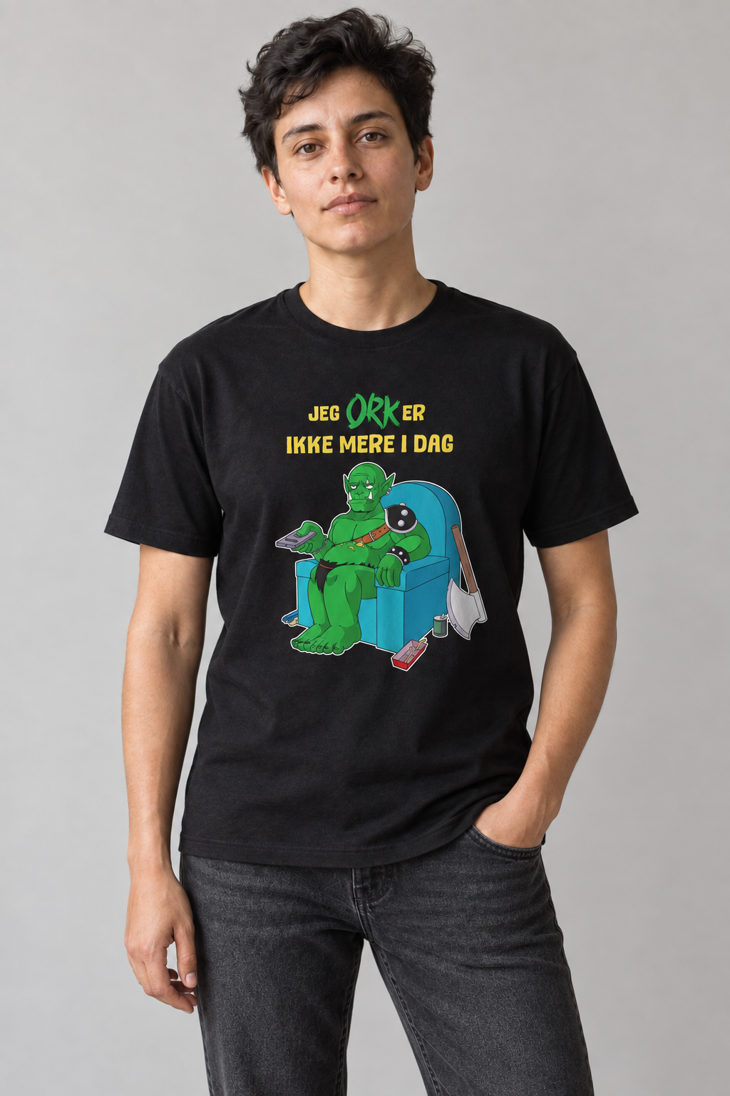 Orker Ikke mere unisex graphic t-shirt on alex, AI-generated styling photograph