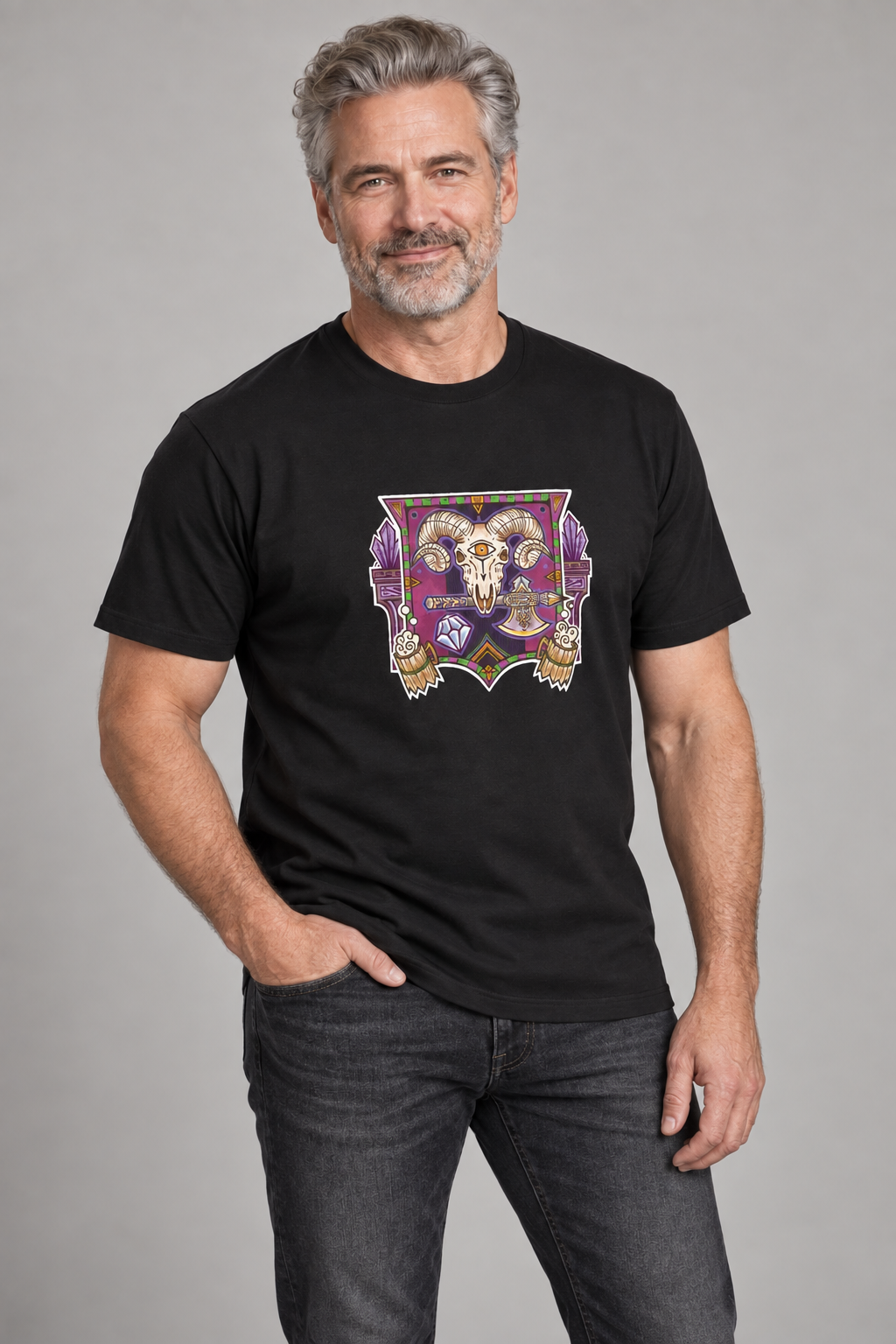 The Goat unisex graphic t-shirt on henrik, AI-generated styling photograph