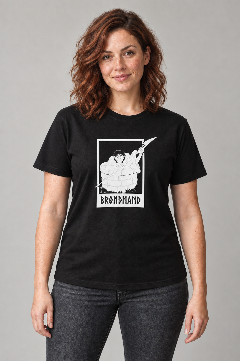 AI-genereret stylingbillede med Mara i Brøndmand unisex T-shirt med tryk