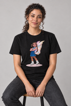 AI-genereret stylingbillede med Nora i Skater Fairy unisex T-shirt med tryk
