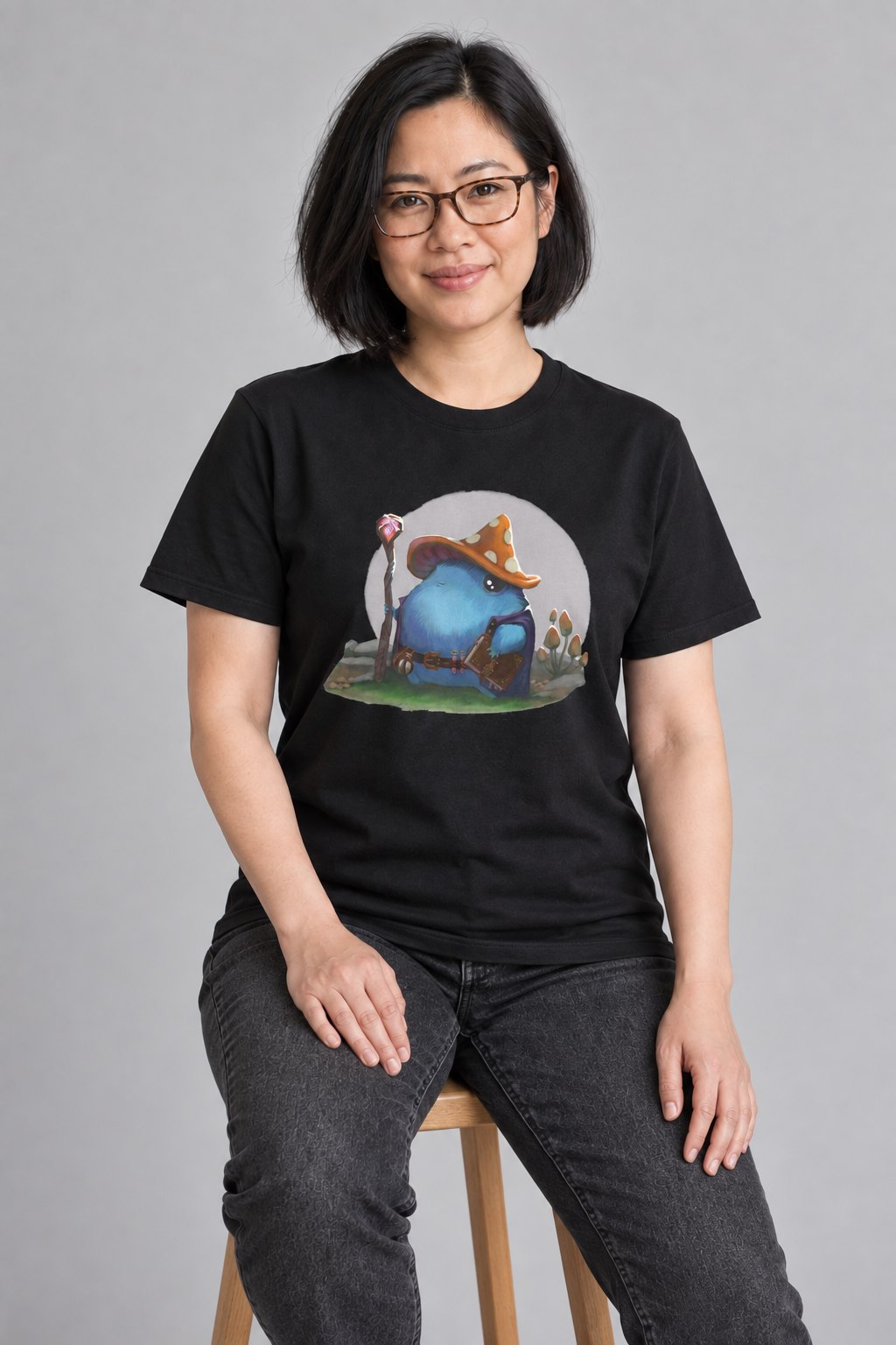 AI-genereret stylingbillede med Lin i Fur Wizard unisex T-shirt med tryk