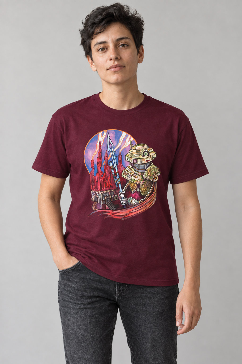 AI-genereret stylingbillede med Alex i Eye-Droid unisex T-shirt med tryk
